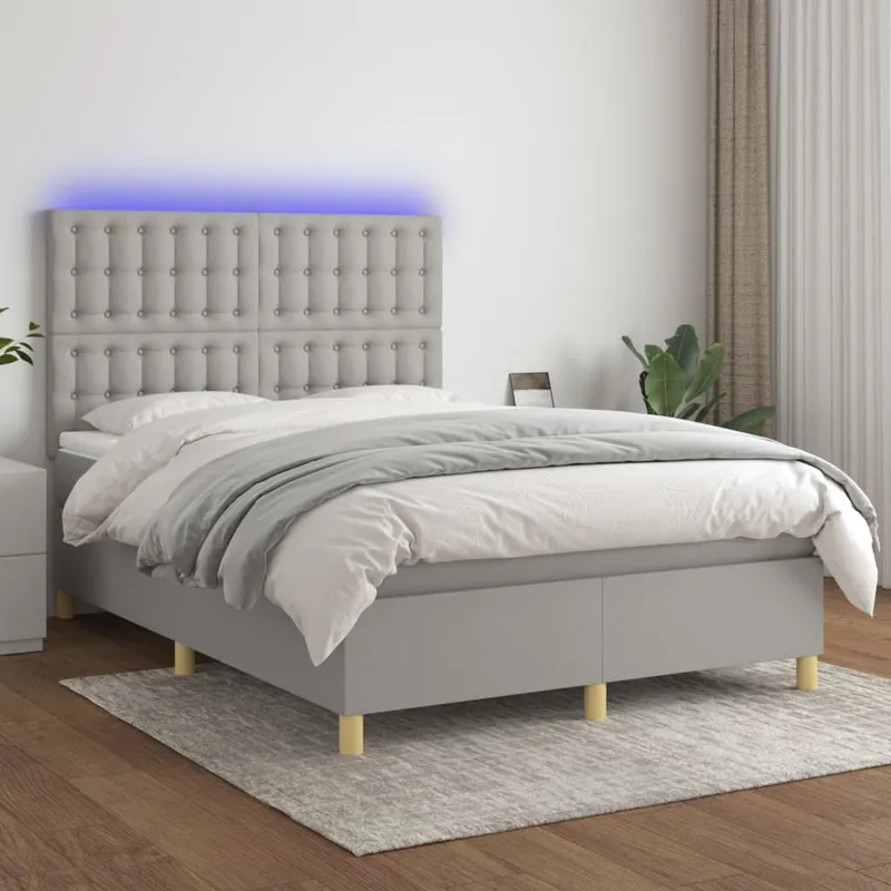 vidaXL Ramsäng med madrass & LED ljusgrå 140×200 cm tyg (#2811)