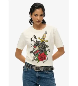 Superdry för kvinnor. W1011607A T-shirt med avslappnad passform och vitt Neo Trad-tatueringsmotiv (S), Casual, Bomull, Kort ärm
