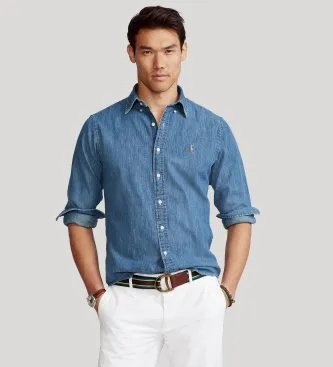 Polo Ralph Lauren för män. 710792043001 Denimskjorta med specialanpassad passform blå (S), Casual, Bomull, Lång ärm, Marino