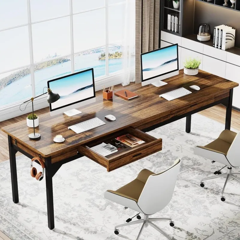 Tribesigns Datorbord, Dubbelt långt Skrivbord, 200 x 60 x 82 cm, Arbetsbord, Industriell Stil