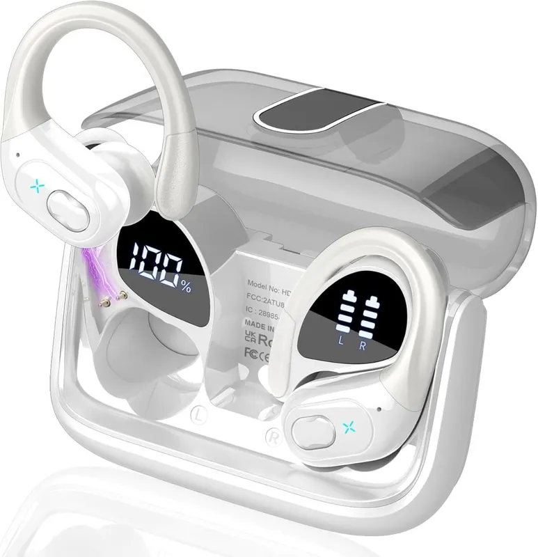 Trådlösa Sporthörlurar Bluetooth - 75h Speltid, IPX7, ENC, Djup Bas – Vit