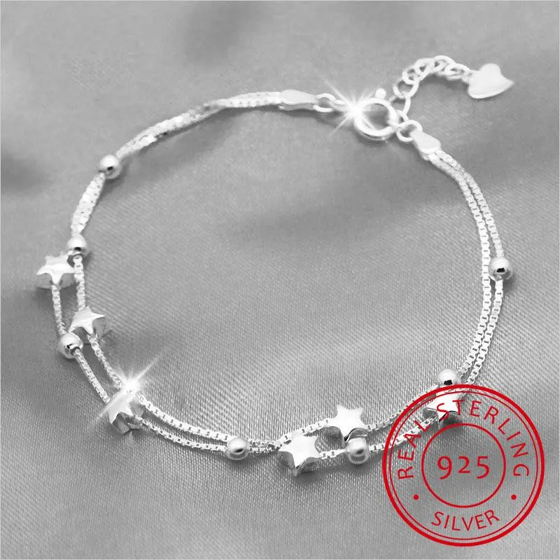 925 massivt äkta sterlingsilver mode dubbellager stjärnpärlor armband 17 cm för kvinnor tjej silversmycken