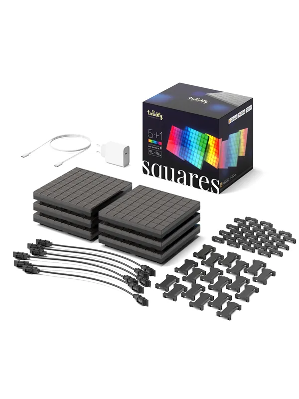 Twinkly Squares Starter Kit - 5+1 app-kontrollerade LED-paneler med 64 RGB-pixlar. Svart.