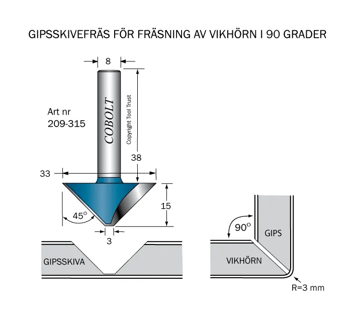Cobolt 209-315 Gipskivefräs 45° D=33 L=15 TL=53 S=8