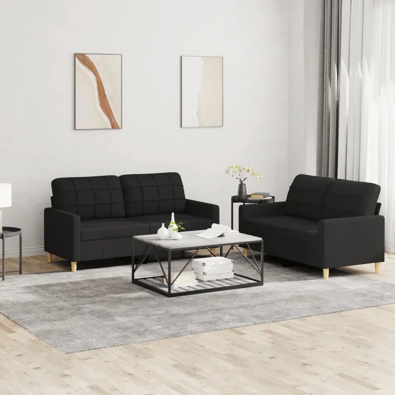vidaXL Soffgrupp med dynor 2 delar svart tyg (#2450)