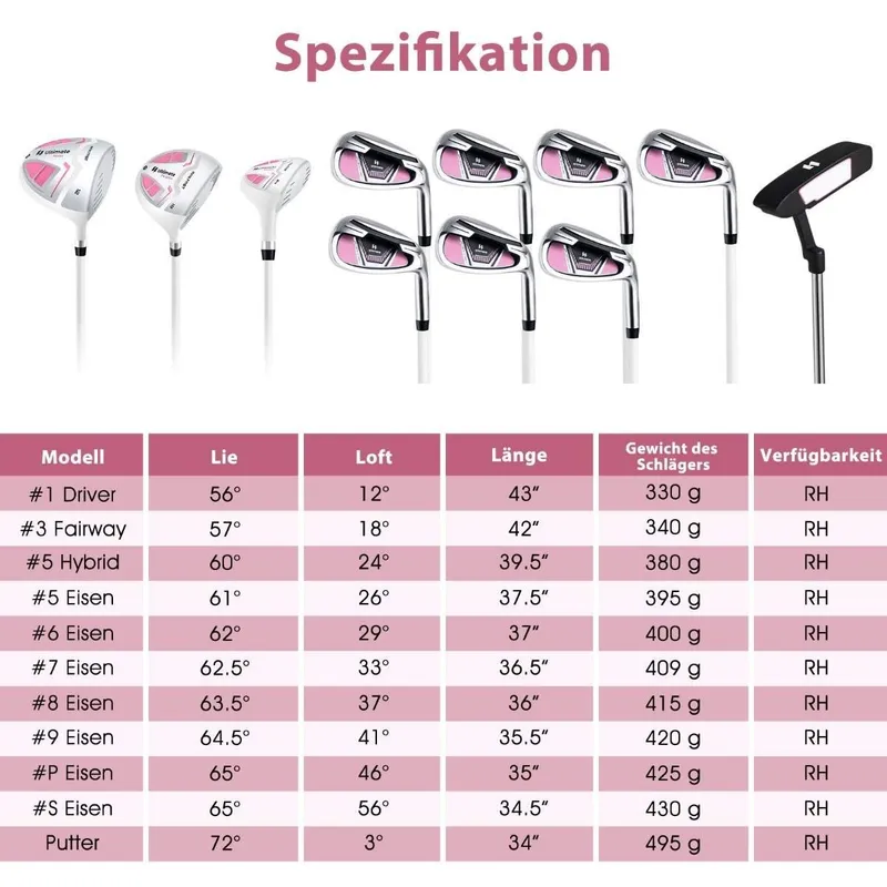 Kvinnors golfklubba set 11-delade golfklubba set högerhänt med regnskydd rosa