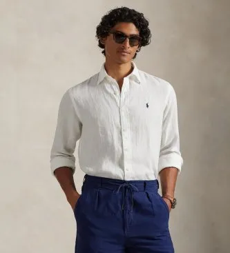 Polo Ralph Lauren för män. 710966294003 Linne skjorta med passform vit (XXL), Casual, Lino, Lång ärm