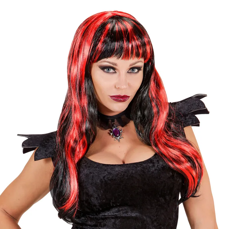Lång Svart/Röd Halloween Peruk - One size