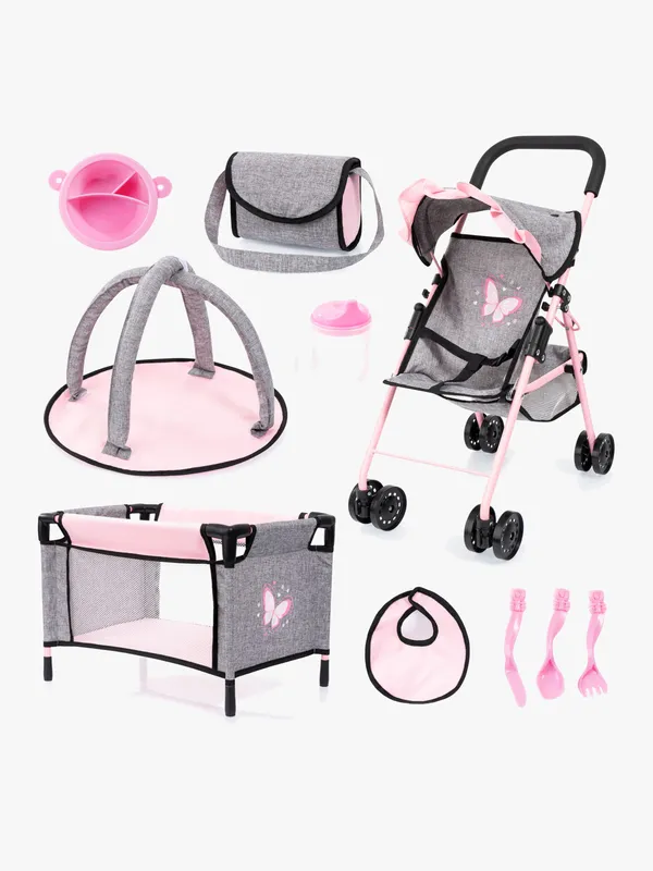 Bayer Design 10-i-1 Dockvagn Set, Grå/Rosa