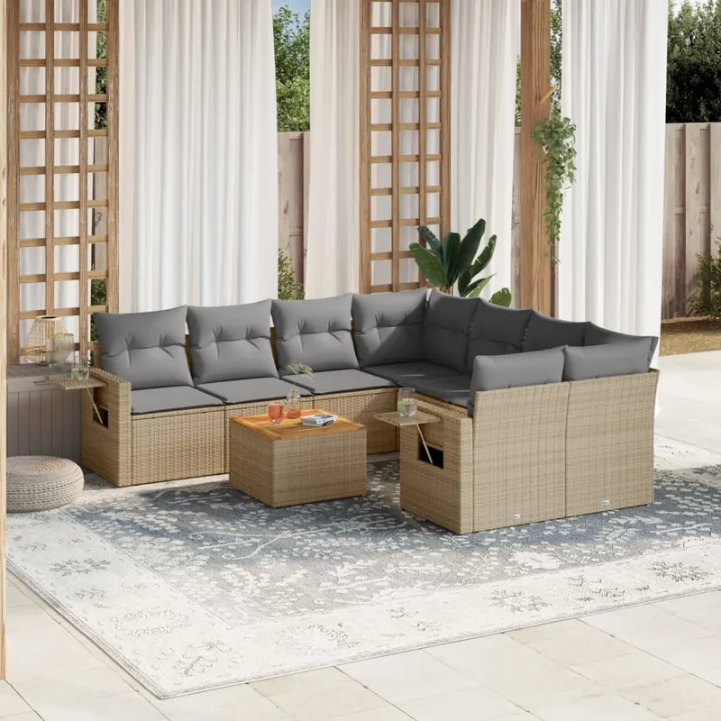 vidaXL Soffgrupp för trädgård med dynor 9 delar mixbeige konstrotting (#7930)