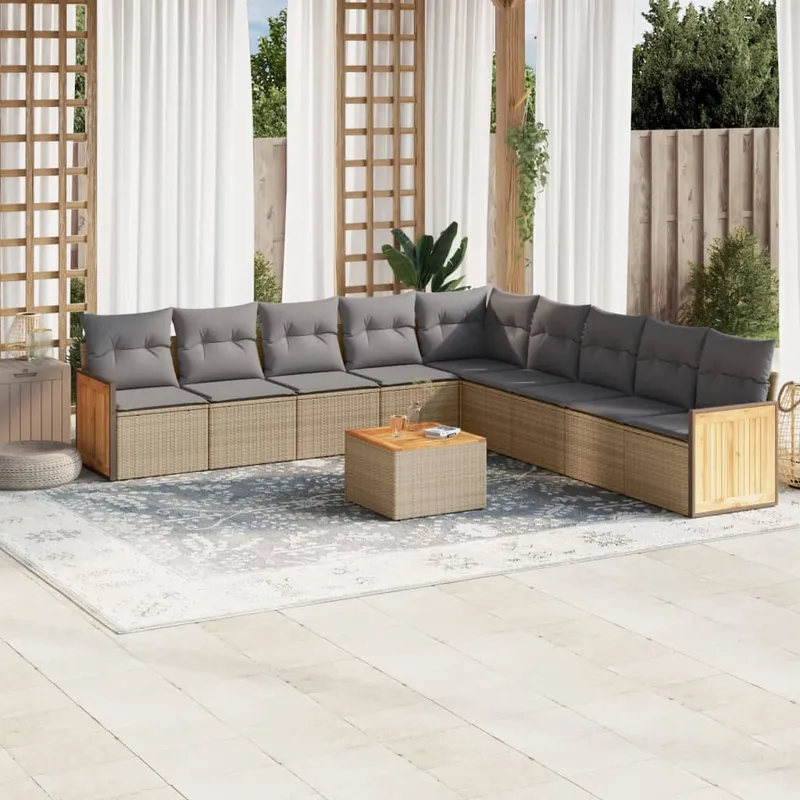 vidaXL Soffgrupp för trädgård med dynor 10 delar beige konstrotting (#7125)