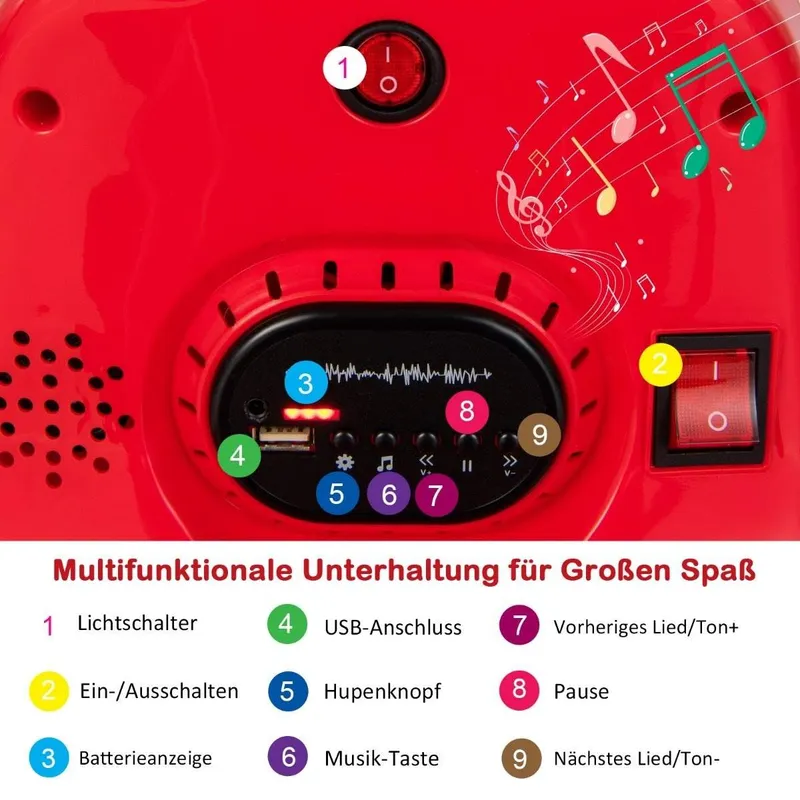 6V barnbil 360 graders rotation med musik och färgglada LED-lampor röda