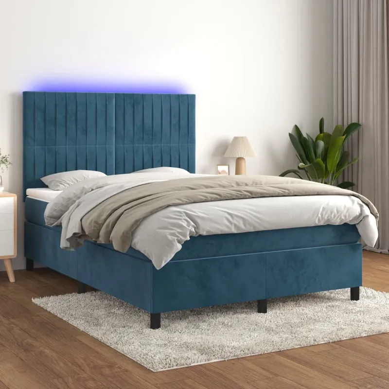 vidaXL Ramsäng med madrass & LED mörkblå 140×200 cm sammet (#7731)