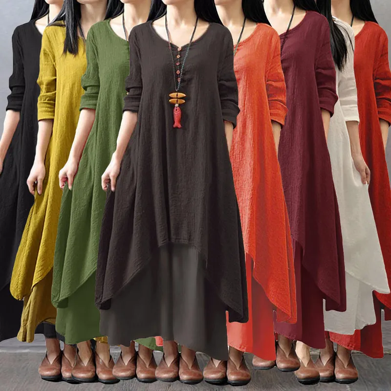 Mode Kvinnor Casual Lös Klänning Solid Långärmad Boho Lång Maxiklänning XXXL vit