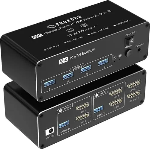 Prokord Kvm Switch 2-port Displayport Usb 3.0 8k Dual Display (2 Datorer, 2 Skärmar)