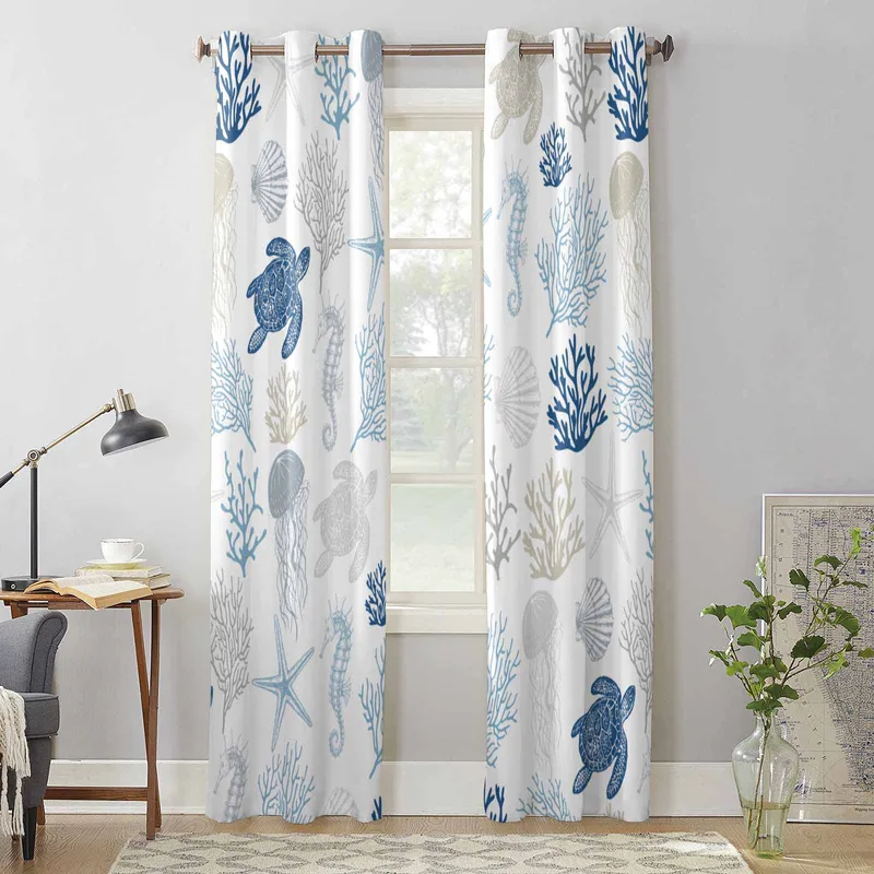 Sommer Sjøliv Havskilpadde Sjøstjerne Korall Vindusgardiner til Stue Luksus Soveromsgardin Kjøkkengardiner Draperier Gardiner 135W x 60H(cm) x1
