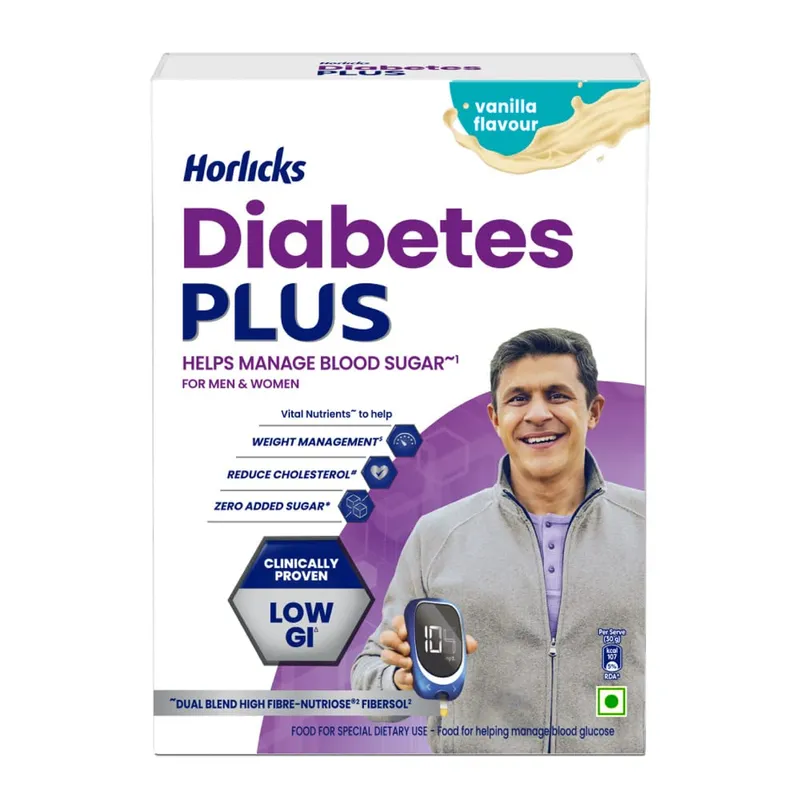Horlicks Diabetes Plus Vanilj Näringsdryck 400g Högt fiberinnehåll Noll socker Stöder vuxna