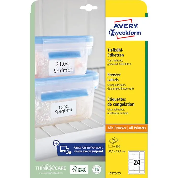 Etiketter för djupfrysning Avery L7970-25 vit 63,5×33,9 mm - (600 st.)