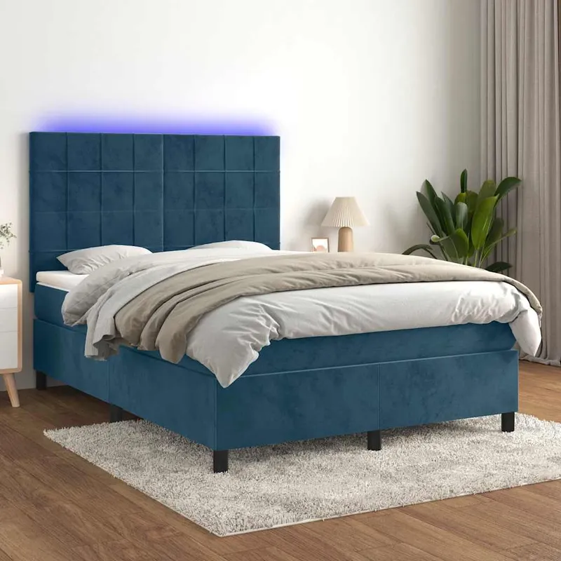 vidaXL Ramsäng med madrass & LED mörkblå 140×200 cm sammet (#6536)