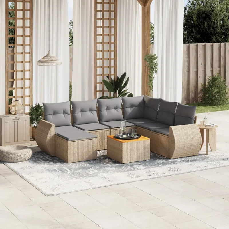 vidaXL Matgrupp för trädgården med dynor 8 delar beige konstrotting (#9844)