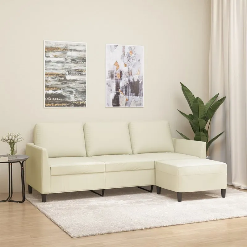 vidaXL 3-sitssoffa med fotpall gräddvit 180 cm konstläder (#0906)