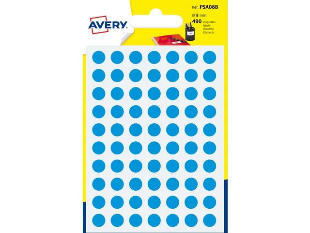 Etiketter, Avery PSA08B, runda, permanent, Ø: 8 mm, blå, förpackning med 490 st