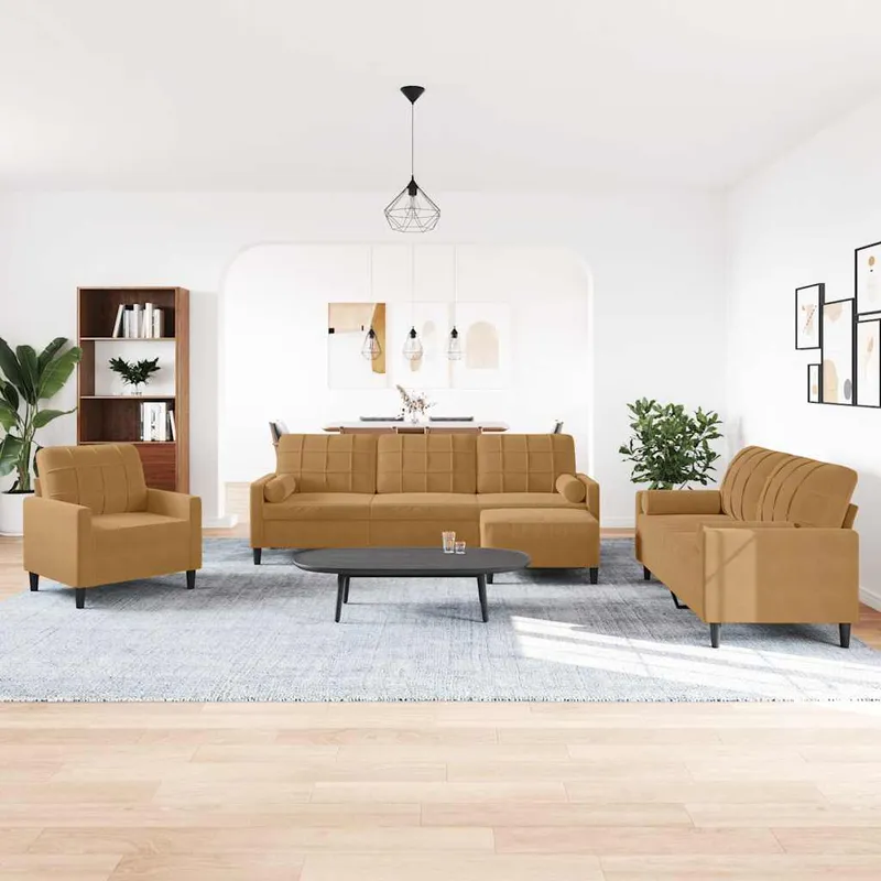 vidaXL Soffgrupp med dynor och bolster 4 delar brun sammet (#4591)