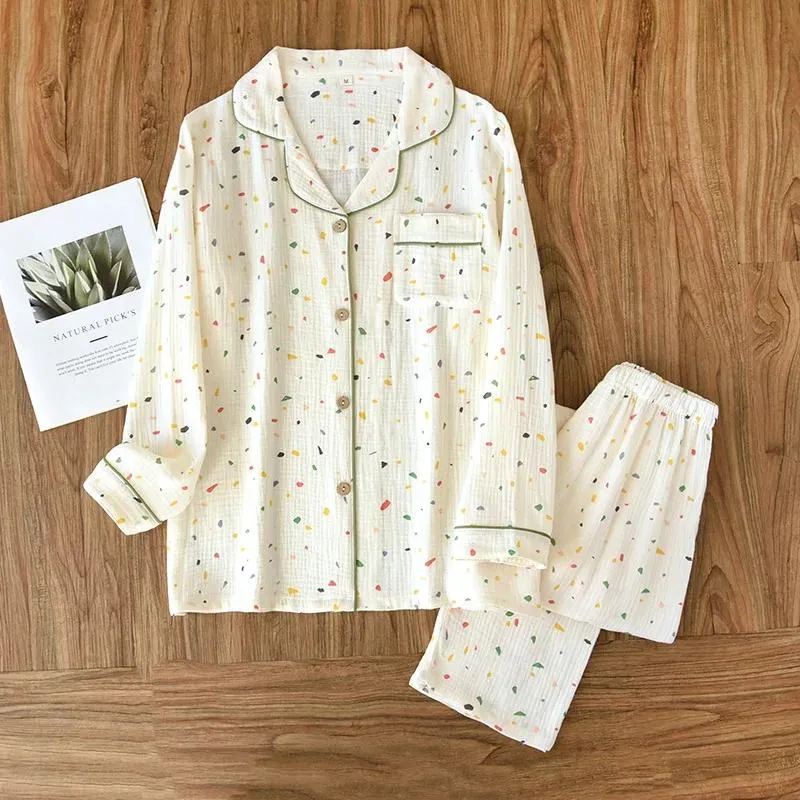 Nytt Dame Pyjamassett 100% Bomull Krepp Blomstret Enkelt Langermet Todelt Pyjamassett XL