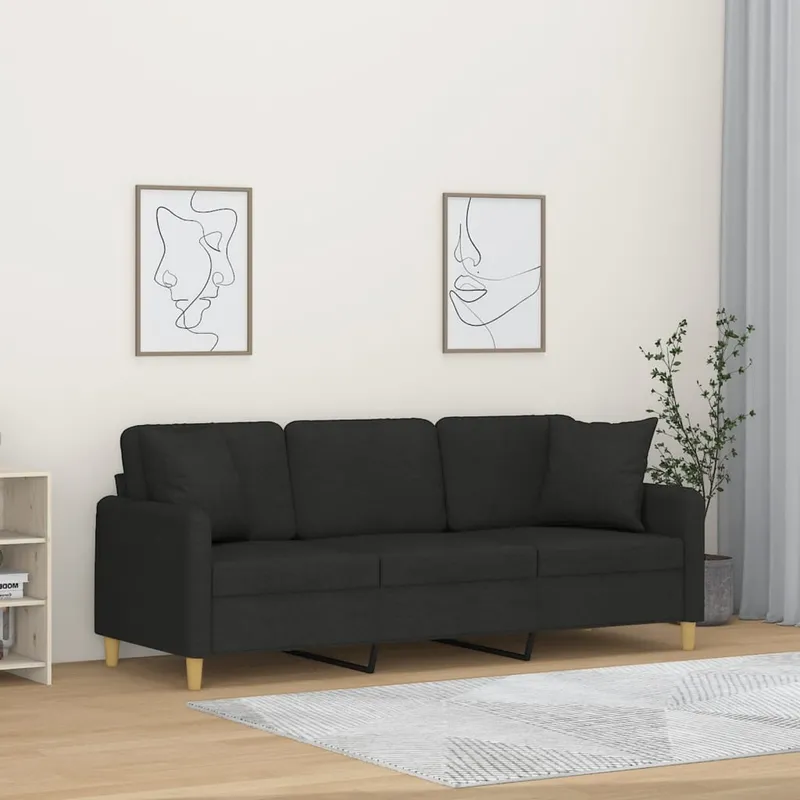 vidaXL 3-sitssoffa med prydnadskuddar svart 180 cm tyg