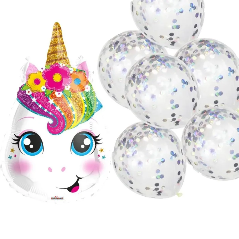 Unicorn ballonger Multicolor Folie Latex Skimrande Konfetti Kalasdekoration 46cm 6-pack