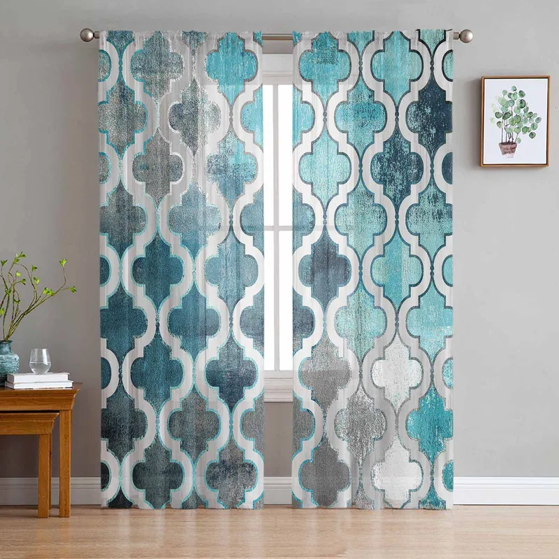 Retro Abstrakt Maling Mottled Marokkansk Blågrønn Vindus Tullegardiner for Stue Hotell Luksusdekorasjon Skjære Gardiner 135W x 114H(cm)