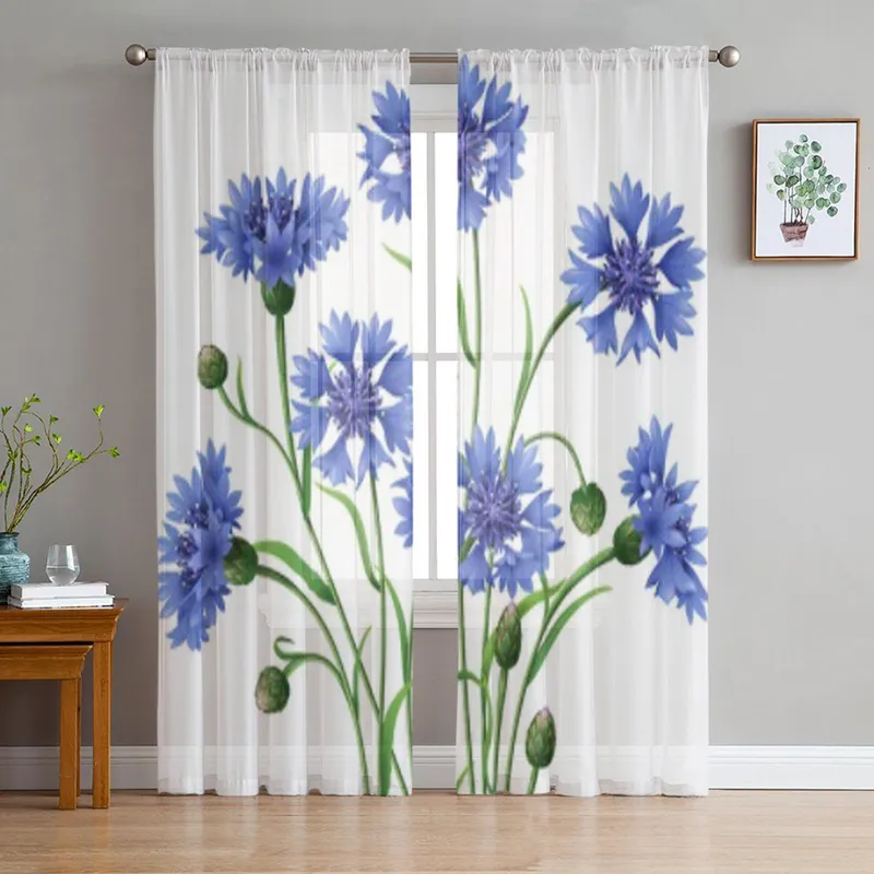 Blå kornblomster isolert på hvitt tyll gjennomsiktige gardiner for stue soverom kjøkken dekorasjon voile organza gardiner 135W x 114H(cm)