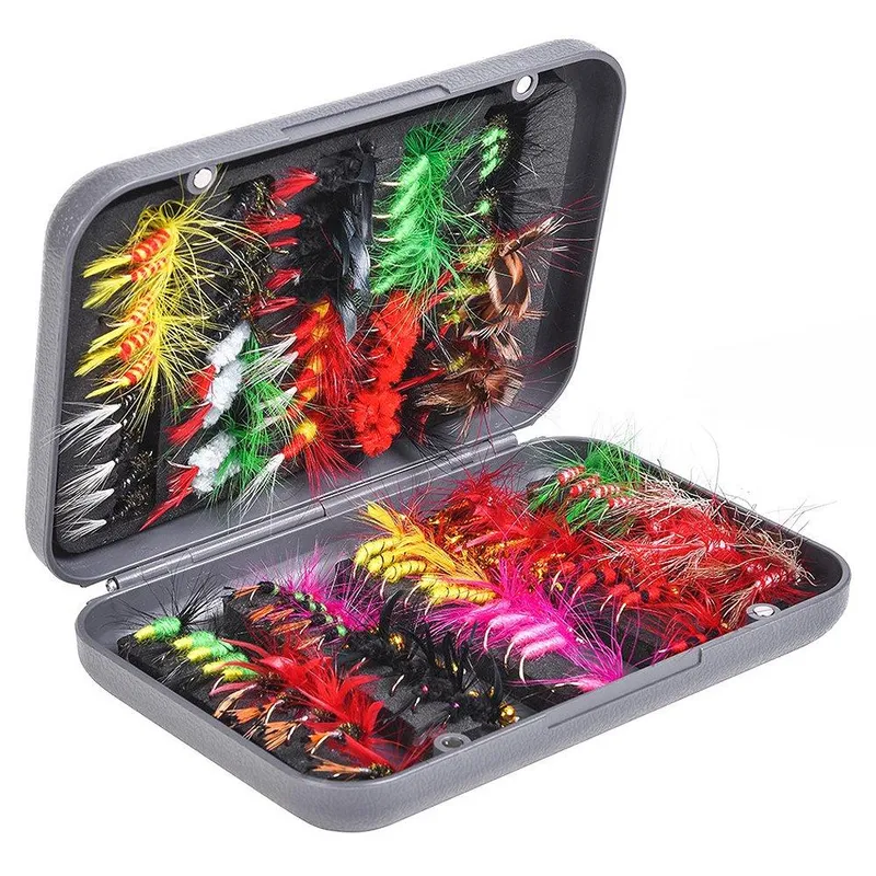 100 st Flugfiske Flugor Lure Kit 20 färger torr/våt Streamer Nymphs Beteskrok för baslaxöring med flugfodral
