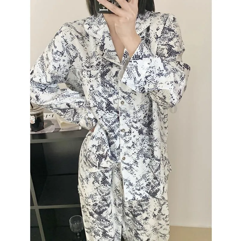 Dame Langermet Pyjamassett Trykk Silkeaktig Sateng Loungewear Buksedresser Nattøy Vår Sommer Pyjama Pour Femme Hjemmeklær XL