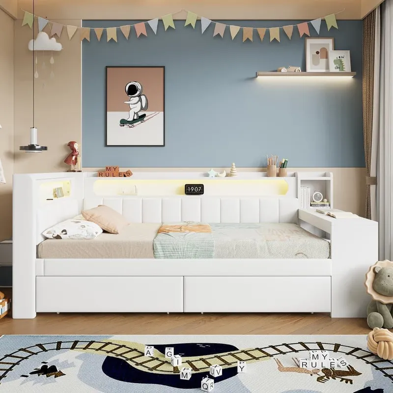 90×200 cm stoppad daybed med USB-portar och LED-belysning, med skrivbord och 2 lådor, vit