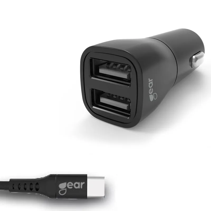 GEAR – Laddare 12-24V 2xUSB 3.4A Svart USB-C 2.0 Kabel 1m