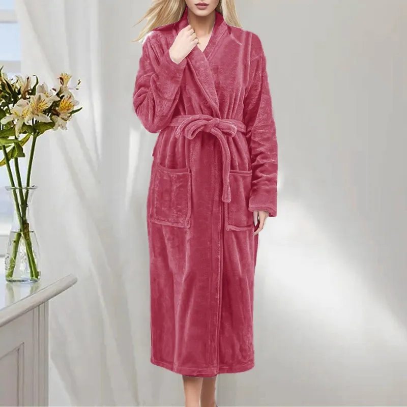 Tjock Varm Flanellrock Vinter Långärmad Plysch Badrock Kofta Dam Fleece Nattlinne Lounge Sovkläder Bad Hemkläder XL