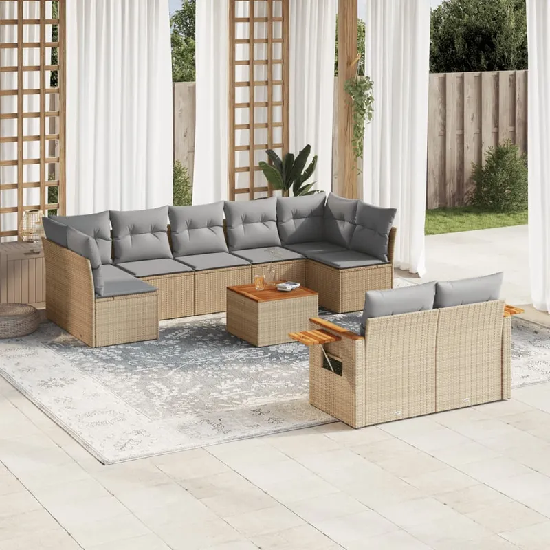vidaXL Soffgrupp för trädgård med dynor 10 delar beige konstrotting (#1031)