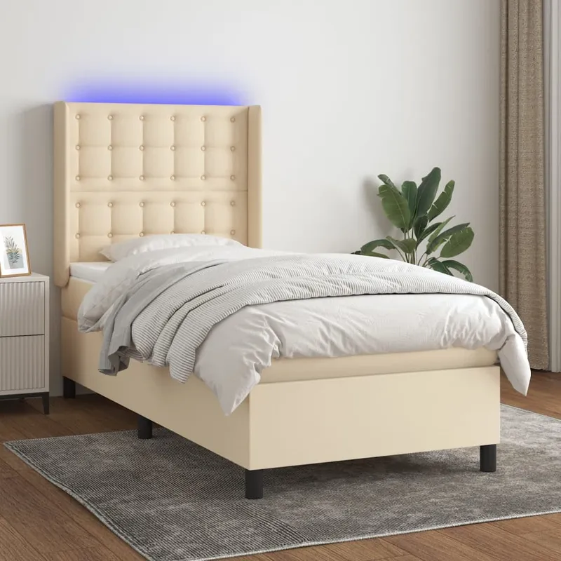 vidaXL Ramsäng med madrass & LED gräddvit 100×200 cm tyg (#2273)