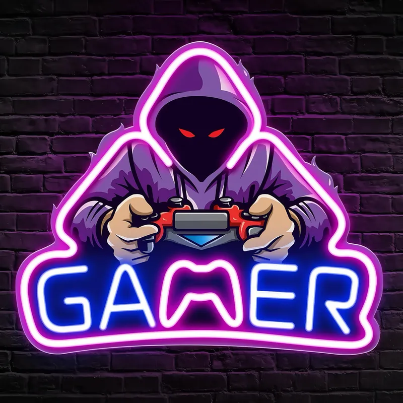 Gamer neonskylt med LED-ljus – Stor modell 39×33 cm, perfekt för gamingrum