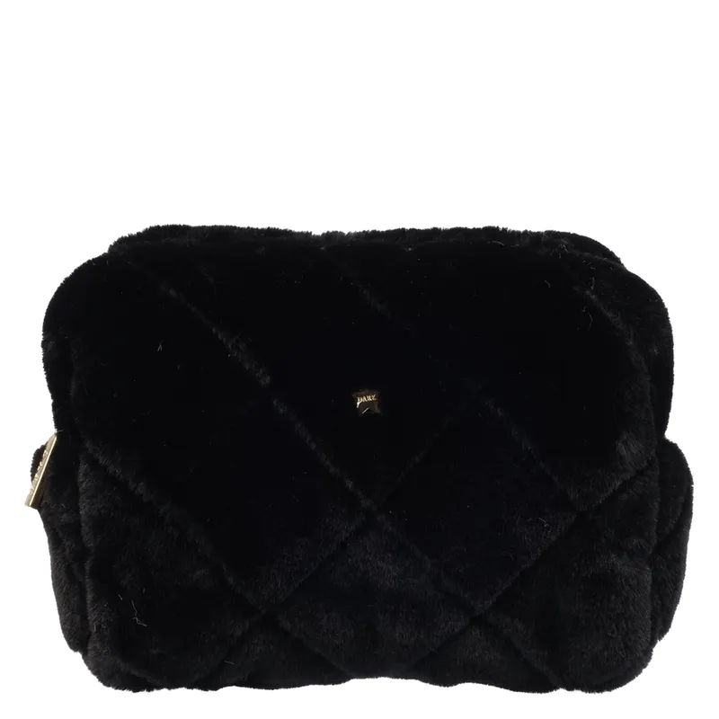 DARK Faux Fur Quilted Make-Up Pouch Small Black