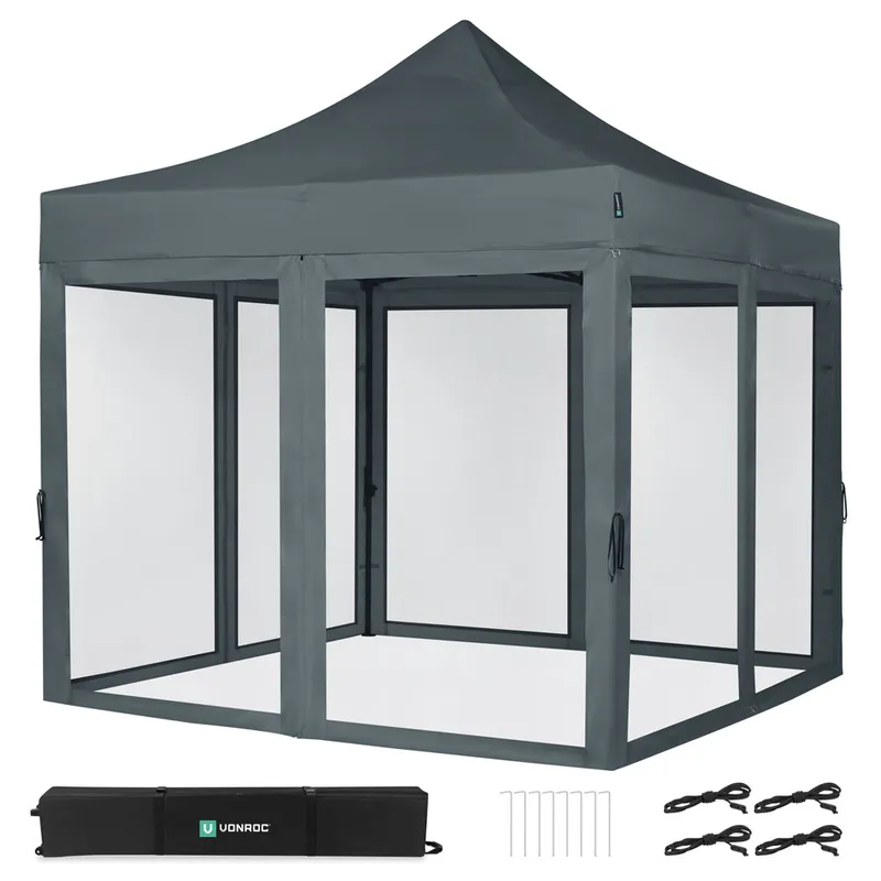 Easy-Up Partytält - 3×3 m | Set inkl. Myggnätsväggar - Grå