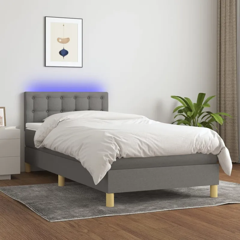 vidaXL Ramsäng med madrass & LED mörkgrå 90×200 cm tyg (#5302)