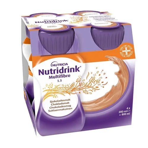 Nutridrink Multi Fibre, choklad, energirikt, komplett kosttillägg med kostfiber 4 x 200 milliliter
