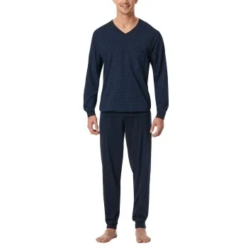 Schiesser Comfort Essentials V-Neck Long Pyjamas Mörkblå bomull X-Large Herr