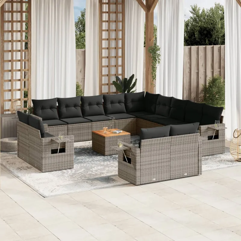 vidaXL Soffgrupp för trädgården med dynor 14 delar grå konstrotting (#1449)