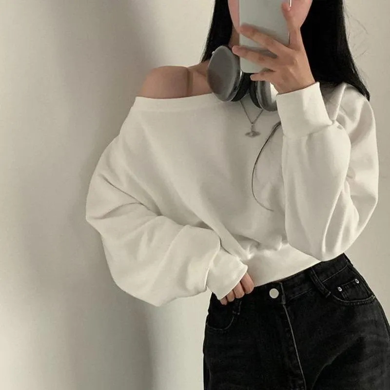 Tynn ensfarget basisgenser temperament en lengde hals off-shoulder løs avslappet topp dame kortermet langermet sweatshirt for kvinner One size Hvit