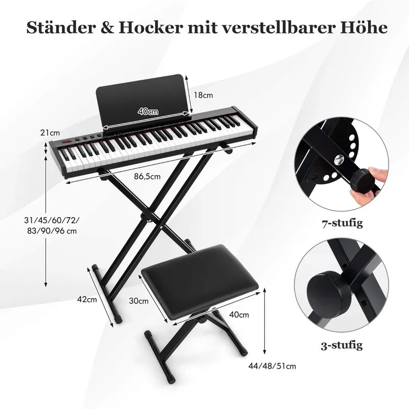 Bärbart elektroniskt keyboardset med 61 tangenter - stativ och pall ingår