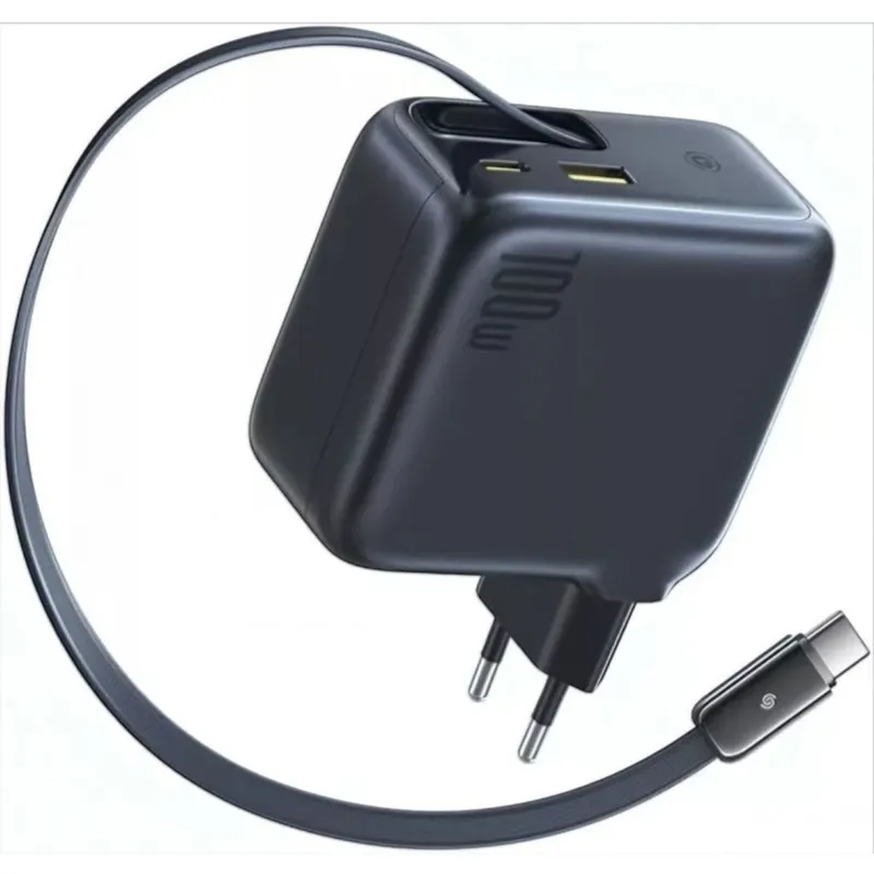 Baseus EnerCore CJ11 100W Wall Charger with USB-A and USB-C Ports and Retractable USB-C Cable - Black
