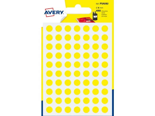 Runda etiketter, Avery PSA08J, permanent häft, Ø: 8 mm, gul, 490-pack